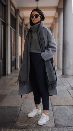 Winter Lady Outfits, Winter Outfit White Sneakers, Very Cold Outfits Winter, New York Looks Winter, Ladies Winter Outfits 2024, Cold Travel Outfit, Neutral Sneakers Women Outfit, Winter Trends 2024 Women, Winter Fashion Paris