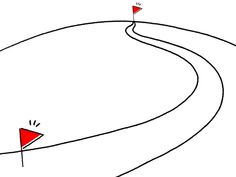 a drawing of a curved road with two red flags on each side and an arrow in the middle