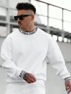 White Casual Collar Wrist-Length Sleeve Fabric Letter Pullovers Embellished Slight Stretch  Men Clothing Sweatshirt Inspiration, Drippy Outfit, Drop Shoulder Sweatshirt, Men Sweatshirts, Dropped Shoulder Sweatshirt, Fabric Letters, Cute Couple Selfies, White Casual, Men Clothing