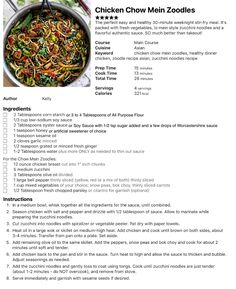 the chicken chow mein zoodoes recipe is shown in this printable form, with instructions