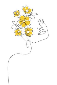 a line drawing of a woman's face with flowers in her hair