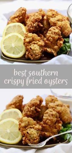 two plates filled with fried oysters and lemon wedges