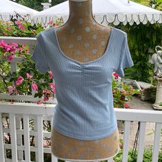 Nwot Wild Fable Ribbed T-Shirt With Pinched Front Detailing. Gorgeous Light Blue Color, Soft And Stretchy Material. Listed As Size Medium! Light Blue Shorts, Light Blue Shirts, Light Blue Color, Wild Fable, Descendants, Blue Shirt, Stretchy Material, Short Sleeves Tops, Ash