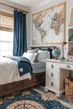 a bedroom with a map on the wall above the bed and desk in front of it