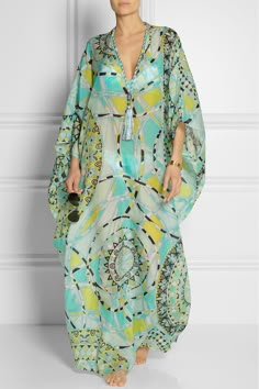 Emilio Pucci   Printed cotton and silk-voile kaftan Printed Kaftan Designs, Unique Kaftan Designs, Emerald Green Silk Dress, Silk Dress Summer, Morrocan Fashion, Kaftan Pattern, Green Silk Dress, Dress Emerald Green, Ethno Style