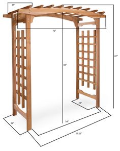 a wooden arbor with measurements for the top and bottom sections, including an attached trellis