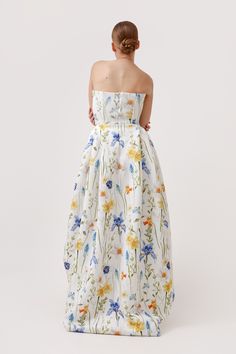 Make a statement in our show-stopping Marguerite gown, a one-of-a-kind custom printed neoprene dress featuring a strapless bodice, cinched waist, and dramatic ballon pleated skirt. This high-low hem dress boasts a short front and stunning train at the back, perfect for making a glamorous entrance at your bridal shower, wedding, or as a stunning wedding guest dress. *Chiffon scarf sold separately* Hand wash or dry clean Neoprene Dress, Dress Chiffon, Wedding Vibes, Pretty Clothes, Chiffon Scarf, Guest Dress, Short Rompers, Hem Dress, High Low Hem