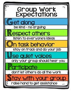 a poster with the words group work expectations written in different colors and font on it