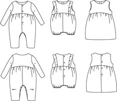 the front, back and side views of a baby's jumpsuit with buttons