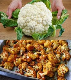 cauliflower and lettuce are being cooked on a baking sheet with hands reaching for it