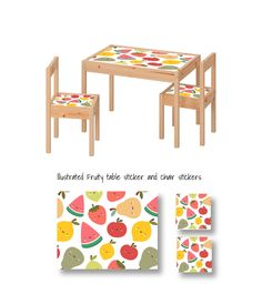 children's wooden table and chairs with fruit print on them, including the seat covers