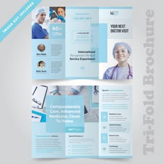 a medical tri fold brochure is shown in blue and white colors, with doctors on