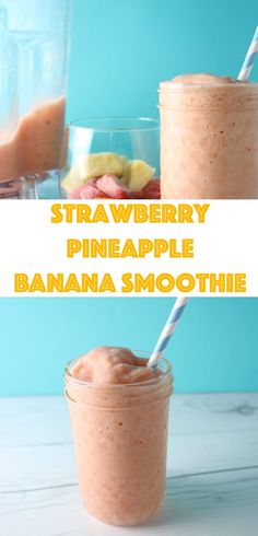 two smoothies with strawberries and pineapple in them