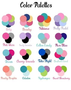 the color palettes are all in different colors and sizes, including pink, blue, green