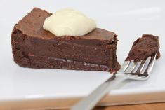 a piece of chocolate cake on a white plate with a fork