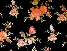 a bunch of flowers that are on the side of a black background with orange and pink colors