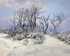 a painting of some trees in the snow