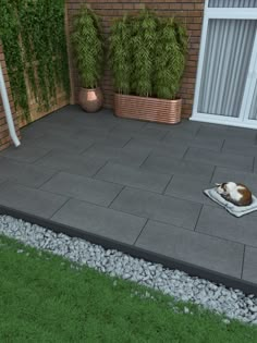 a cat laying on top of a mat in the middle of a patio next to a planter