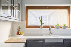 a kitchen with two plants in the window sill