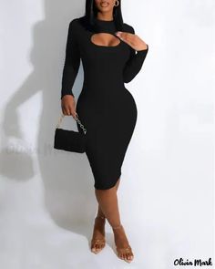 Olivia Mark - Vestido ajustado de manga larga y corte acanalado Lingerie Design, Midi Dress Fall, Casual Wear Dress, Pencil Skirt Dress, Ribbed Knit Dress, Midi Dress Party, Black Pencil Skirt, Women Long Dresses, Long Sleeve Bodycon