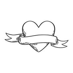 a heart with a ribbon on it and the word love is written in black ink