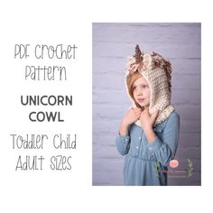 UNICORN COWL - Crochet Pattern PDF 3 Sizes - Toddler, Child, and Adult Beginner Level US Standard Terms Please contact me for any pattern assistance. This pattern is for personal use only, you may not sell or distribute the pattern in any way.  You may sell cowls made from this pattern, but if sold online, you must give pattern credit to The Knitty Bitty Committee.  Please do NOT use my photos to sell your cowls.  All rights reserved. Crochet Baby Unicorn Hat Free Pattern, Crochet Unicorn Hat Step Step, Crochet Hats Unicorn, Unicorn Hooded Scarf Crochet, Free Crochet Unicorn Hat And Scarf Pattern Kids, Crochet Unicorn Hat Pattern, Unicorn Crochet Hat Pattern Free, Unicorn Hat Pattern, Hooded Cowl Crochet Pattern