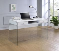 G800829 Contemporary Glossy White Writing Desk - Ornate Home White Writing Desk, White Computer Desk, Desk Units, Leather Platform Bed, Writing Desk Modern, Work And Study, Ornate Furniture, Best Desk, Functional Space