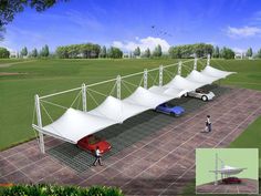 an artist's rendering of a large tent with cars parked in it