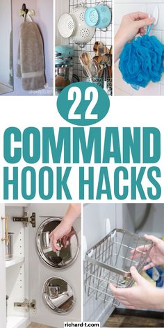 the words 20 mind blowing command hacks are shown above pictures of various items in a dishwasher