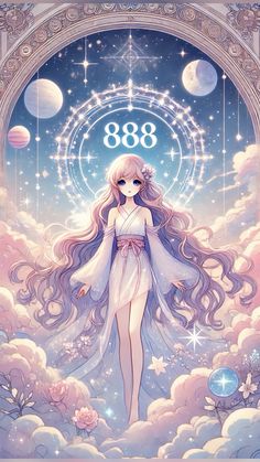 a girl with long hair standing in front of an arch and surrounded by clouds, stars and planets