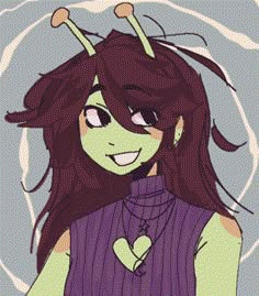 a drawing of a girl with long hair wearing a purple shirt and green necklaces