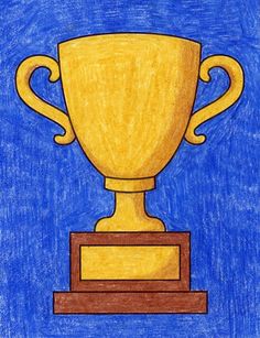 a drawing of a golden trophy on top of a wooden stand with blue background and white border