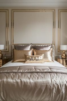 a bed with gold and silver pillows in a bedroom next to two lamps on either side of the bed