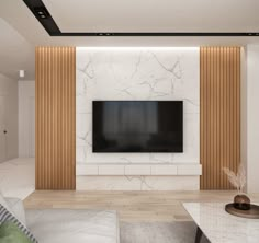 a modern living room with white marble walls and wood trimmings on the wall