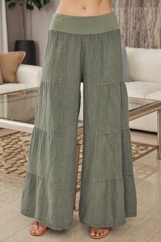 Elevate your style with these Italian-made palazzo pants. Made from fine 100% linen and designed with a tiered leg and elastic waist band, they are both elegant and comfortable. The fashionable, wide-leg silhouette will add stylish flair to your wardrobe. Linen Style Fashion, Bohemian Pants, Summer Bottoms, Linen Layers, Over 50 Womens Fashion, Girls Fashion Clothes, Maternity Pictures, Palazzo Pants, Wide Leg Pants