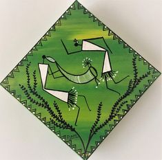 a green and white painting with two people on it's face in the middle