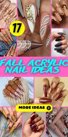 Stiletto Fall Nails Designs, Stiletto Nail Art Fall, Fall Coffin Nail Designs, Textured Nail Designs, Stiletto Fall Nails, Fall Nails Stiletto, Fall Bling Nails, Fall Stiletto Nails Design, Fancy Nail Designs