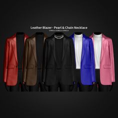 four different colored blazers and jackets on display in front of a black background with the words leather blazer pearl & chain necklace