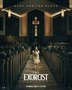 a movie poster for the exorcist with a woman in a white dress