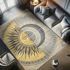 an aerial view of a living room with sun and moon rug