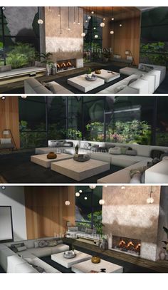 three different views of a living room with couches, tables and plants in it