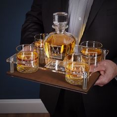 Monogrammed Presentation Set with Custom Rocks Glasses & Whiskey Decanter - 6pc Walnut Serving Tray & Display Set Decanter Tray, Rocks Glasses Whiskey, Custom Whiskey Glasses, Custom Serving Tray, Personalized Whiskey Decanter Set, Engraved Glassware, Personalized Whiskey Decanter, Bourbon Tasting, Whisky Drinks