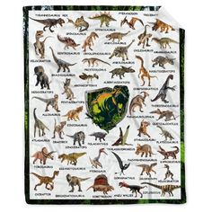 a blanket with dinosaurs all over it and the names of them on it, as well as an image of different types of dinosaurs