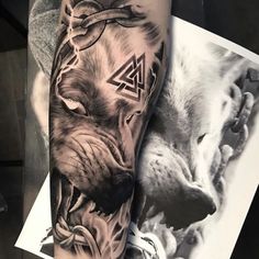 a man's arm with a wolf and triangle tattoo on it, next to a photo