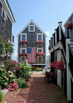 an american flag painted on the side of a house next to some flowers and plants