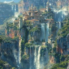 a castle on top of a waterfall in the mountains