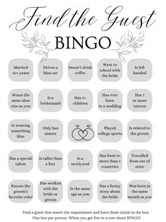 a printable wedding game with the words find the guest and other things to do