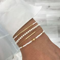 Bracelet Set 'Bright White' – Mint15 Beaded Bracelets White, Basic Bracelets, Tiny Beaded Bracelets, Bracelet Combinations, Ušný Piercing, White And Gold Bracelet, White Beaded Bracelet, Gold Jewelry Design, White Pearl Bracelet