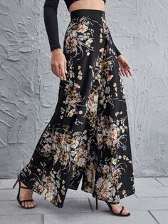 High Waist Floral Wide Leg Pants Palazzo Pants Outfit Ideas, Floral Wide Leg Trousers, High Waisted Wide Leg Pants, Women Bottoms, Business Formal Dress, Coachella Dress, Wide Leg Palazzo Pants, Ultra Feminine, Black Boho