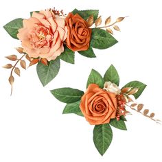 two orange flowers with green leaves on white background